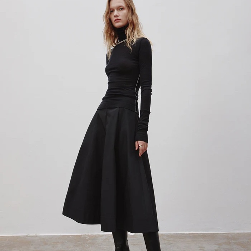 Black Pleated A-Line Midi Skirt for Cocktail